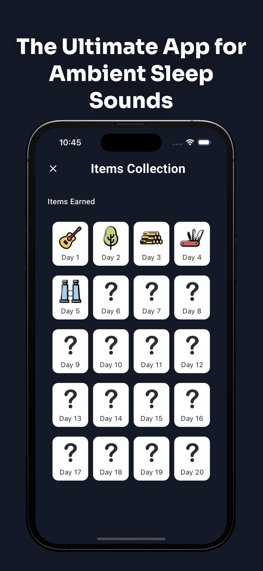 Harmony items collection showing keepsakes earned day by day