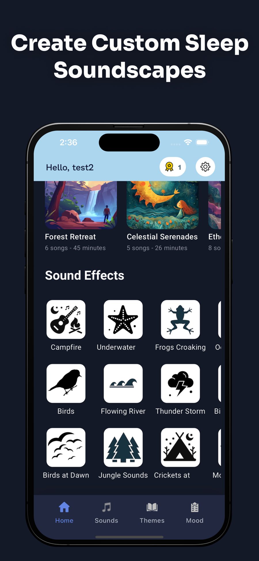 Harmony home screen with a library of sound effects to mix into custom sleep soundscapes